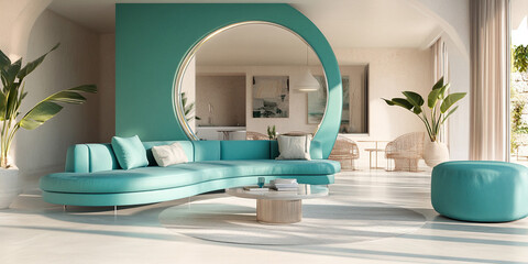 Chic modern turquoise lounge with neutral floors and round mirror