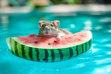 Chill rat on watermelon floating in refreshing blue pool on hot day 32k, full ultra hd, high resolution