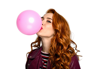 Funny Ginger Teen Girl Blowing Pink Bubblegum PNG