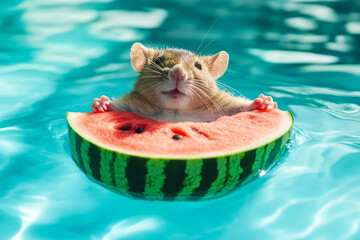 Chill rat on watermelon floating in refreshing blue pool on hot day 32k, full ultra hd, high resolution