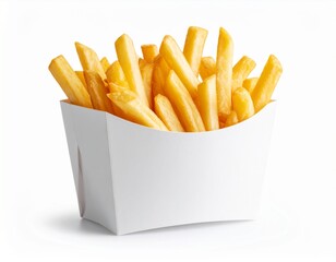 A clean, minimal studio shot of a white paper container filled with freshly fried french fries, isolated on a bright white background.