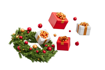 Floating Christmas gifts and decorated wreath with red and gold ornaments on white background. Holiday concept with festive 3D rendering elements. 3D Rendering