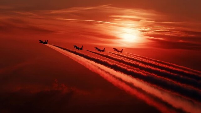 Red Sunset Ascent: A squadron of jets ascends into the fiery embrace of a sunset, leaving trails of condensation in their wake, a scene of power, artistry, and motion.