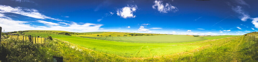 Sweeping Panorama of the South Downs: Vibrant Green Fields Under a Vast Blue Sky