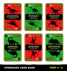 Dinosaurs card game for kids. Features silhouettes, names, and facts about dinosaurs species: Dilophosaurus, Ornithomimus, Atrociraptor, Apatosaurus, Dimorphodon, Nasutoceratops. Part 4 of 5.