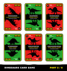Dinosaurs card game for kids. Features silhouettes, names, and facts about dinosaurs: Iguanodon, Parasaurolophus, Stegosaurus, Spinosaurus, Mosasaurus, Concavenator. Part 2 of 5