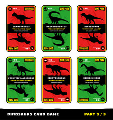 Dinosaurs card game for kids. Features silhouettes, names, and facts about dinosaurs species: Carnotaurus, Dreadnoughtus, Allosaurus, Pachycephalosaurus, Ceratosaurus, Deinocheirus. Part 3 of 5.
