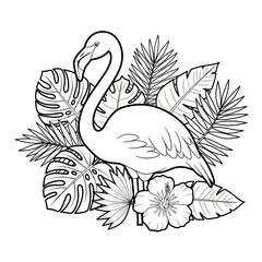 Obraz premium Flamingo illustration with tropical leaves and flower in black and white.