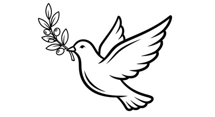 Obraz premium White dove carrying olive branch in its beak simple line drawing illustration.