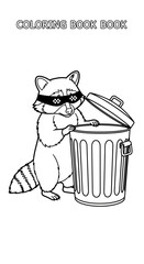 Raccoon near trash can coloring book page black and white illustration.