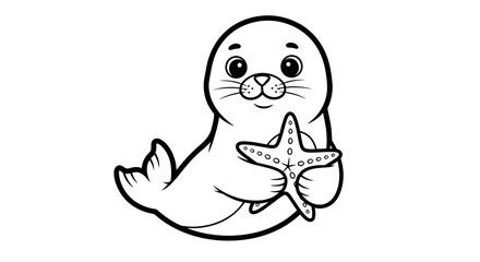 Obraz premium Cartoon seal holding a starfish on a white background in black and white.