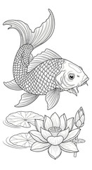 Fototapeta premium Black and white illustration of a koi fish swimming above a lotus flower.