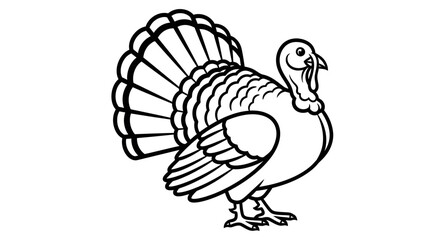 Black and white illustration of a turkey standing on a white background.