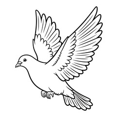 Fototapeta premium Line drawing of a dove in flight with wings spread against a white background.