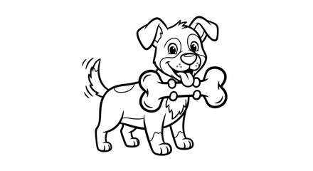 Fototapeta premium Cartoon dog holding a bone in its mouth simple black and white illustration.