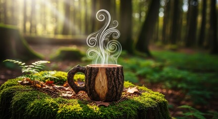 Enchanting Forest Brew Steam Rising From A Rustic Mug