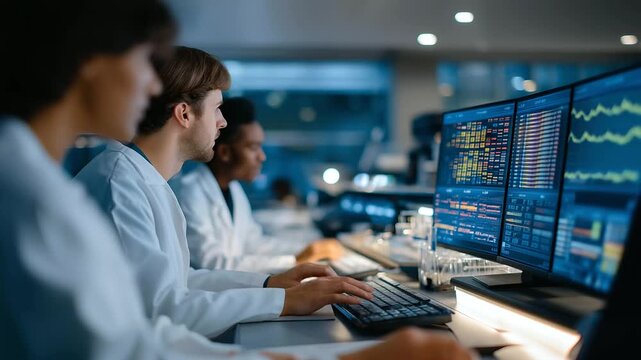 A team tests gene editing efficiency in a sequencing facility with sequencers humming data streams plotting sample racks organized and technicians analyzing results captured