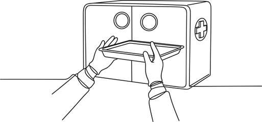 Hands in Gloves Placing Tray into a Medical Sterilization Cabinet vector illustration