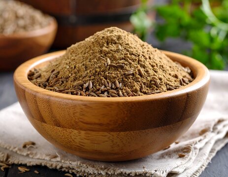 Ground cumin in a wooden bowl (1)