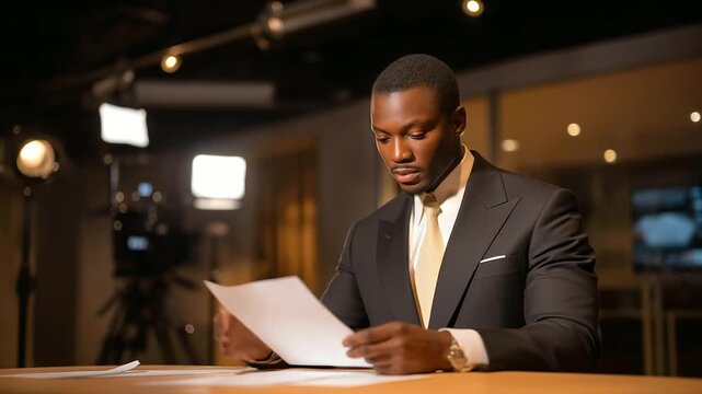 An actor performs a scene with props in a casting studio with a table set a script open a camera rolling and a director giving feedback presented in a dramatic photo with prop