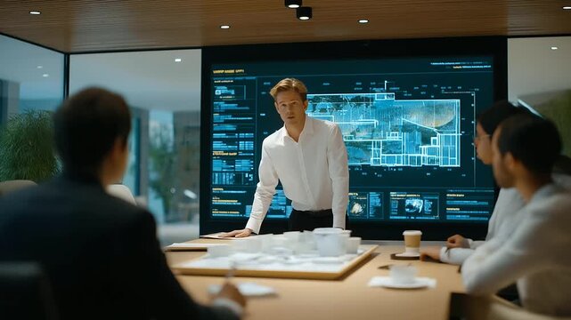 An architect presents a museum blueprint in a boardroom with a projector displaying plans stakeholders discussing a model on a table and coffee cups scattered depicted in a