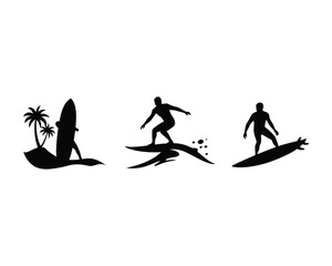 Silhouettes of surfers riding waves and a surfboard on a tropical island with palm trees