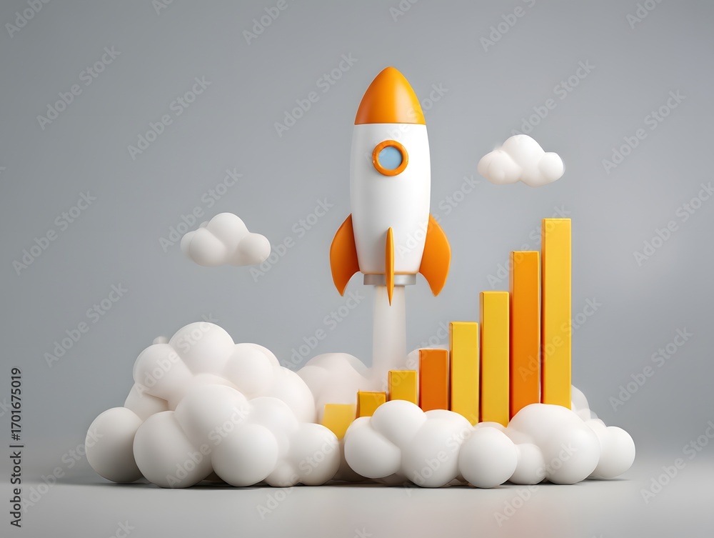 Aufkleber Rocket Launch with Growth Chart and Clouds in 3D Rendered Scene