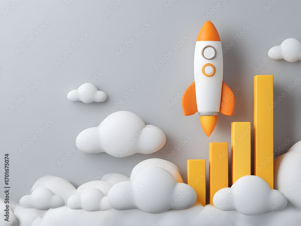 Aufkleber rocket launching above graphs and clouds in minimalist style