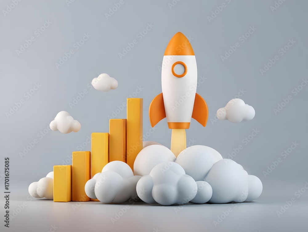Poster rocket launch surrounded by clouds and growth bars in 3d design