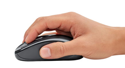 Hand holding modern wireless computer mouse, isolated on transparent cutout background