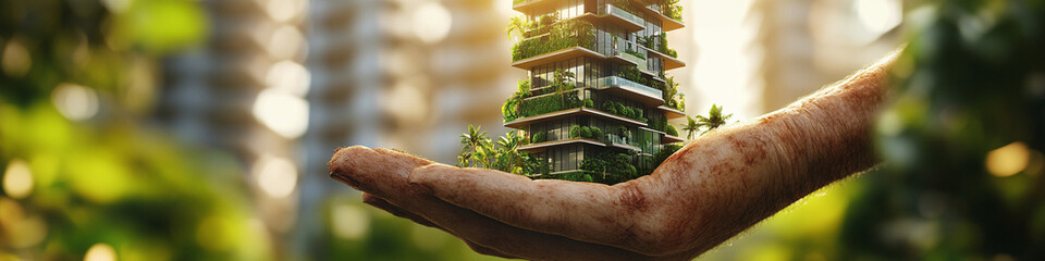 Calloused palm holding modern eco-skyscraper on May Day