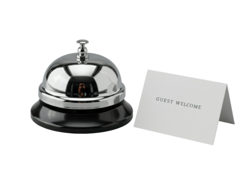 Highly polished chrome service bell with a dark matte base and a crisp white guest welcome card on a seamless transparent studio background, 45-degree elevated view, high-end product presentation