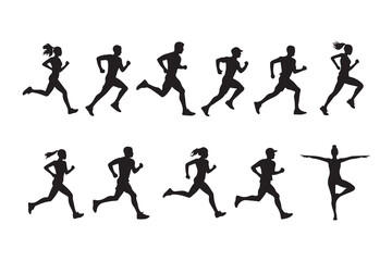 Black silhouettes of runners and a yoga pose on white