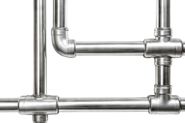 Industrial plumbing pipe layout in chrome finish, isolated on transparent cutout background