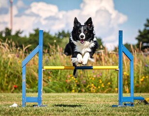 A border collie dog leaping over agility jump