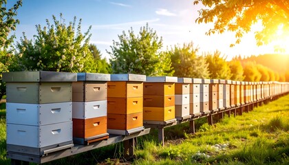 Honeybee hives in an orchard at sunset