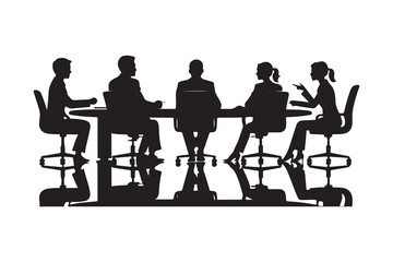 Five black silhouettes of people in a meeting around a table