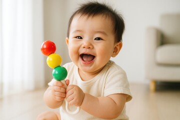 Japanese baby playing with a colorful rattle toy, cheerful expression, natural daylight, commercial use for childcare, family, lifestyle and background design