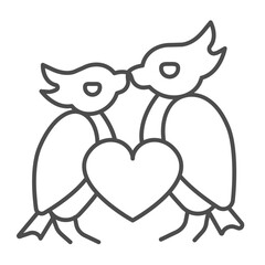 Kiss and heart of birds couple thin line icon, spring season concept. Vector graphics. Birds in love, family sign on white background, outline style icon for mobile or web design.