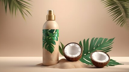 Exquisite Tropical Coconut and Monstera Leaf-Themed Skincare Product Display with Natural Accents