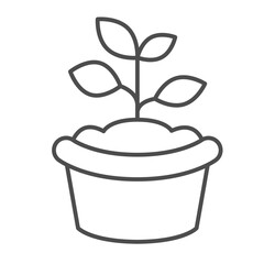 Plant with leaves in flowerpot thin line icon, spring season concept. Vector graphics. Sprout in plastic pot, gardening sign on white background, outline style icon for mobile or web design.