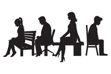Four Black Silhouettes of People Sitting on Benches and Chairs