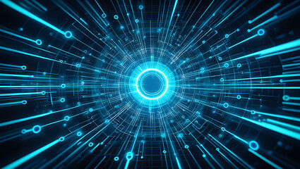 Abstract Digital Tunnel with Neon Glowing Lines and Circles Representing Futuristic Technology and Data Flow in the Digital Realm