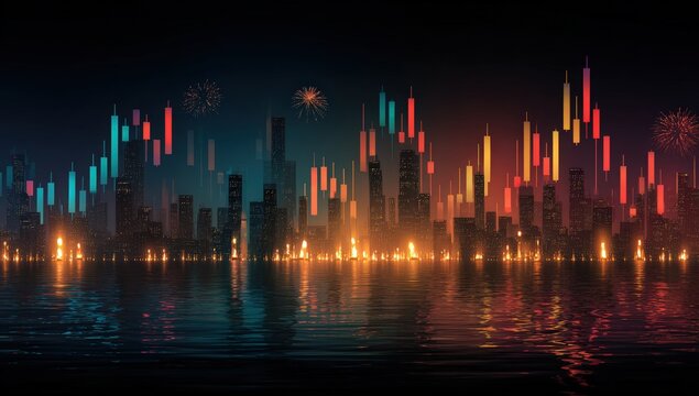 Night city skyline with vibrant graphical elements