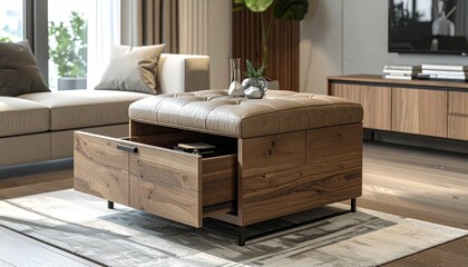 Contemporary ottoman with concealed drawers and lift-up tabletop, versatile for both storage and seating