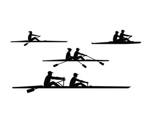 Silhouettes of rowers in various single and double scull boats demonstrating the sport of rowing on a white background