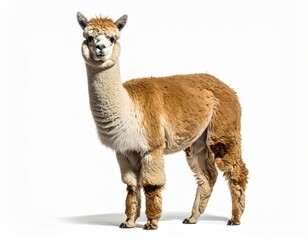 Fototapeta premium A full-length view of a charming light brown and white alpaca standing on an isolated white background