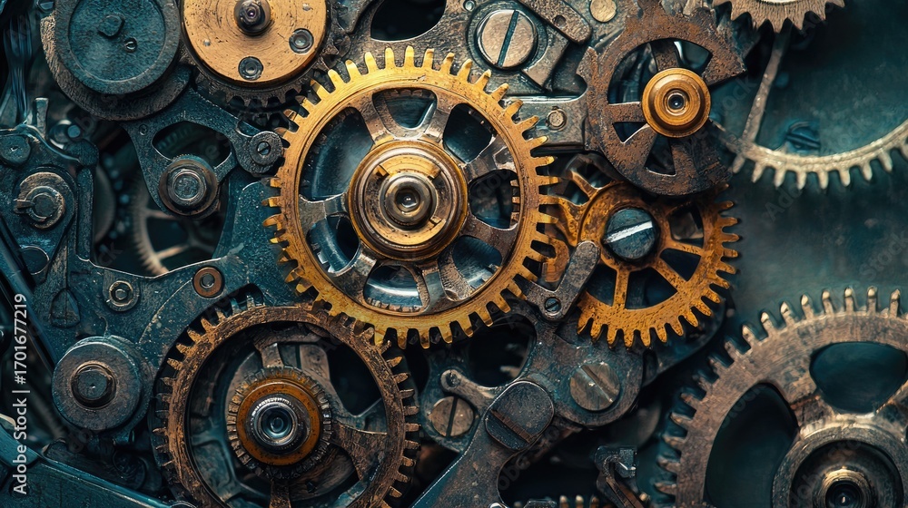Poster a complex mechanical gear system with a focus on the intricate details of the gears and their interc