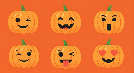 Six orange pumpkins with carved faces expressing different emotions, including winking, smiling, surprised, and love, against an orange background.