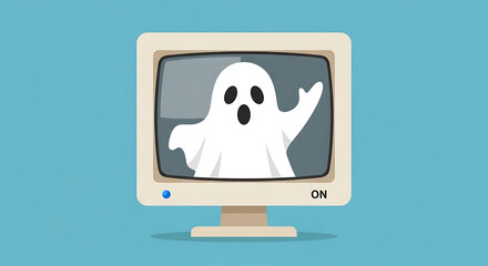 A friendly cartoon ghost waves from the screen of a vintage retro computer monitor illustration